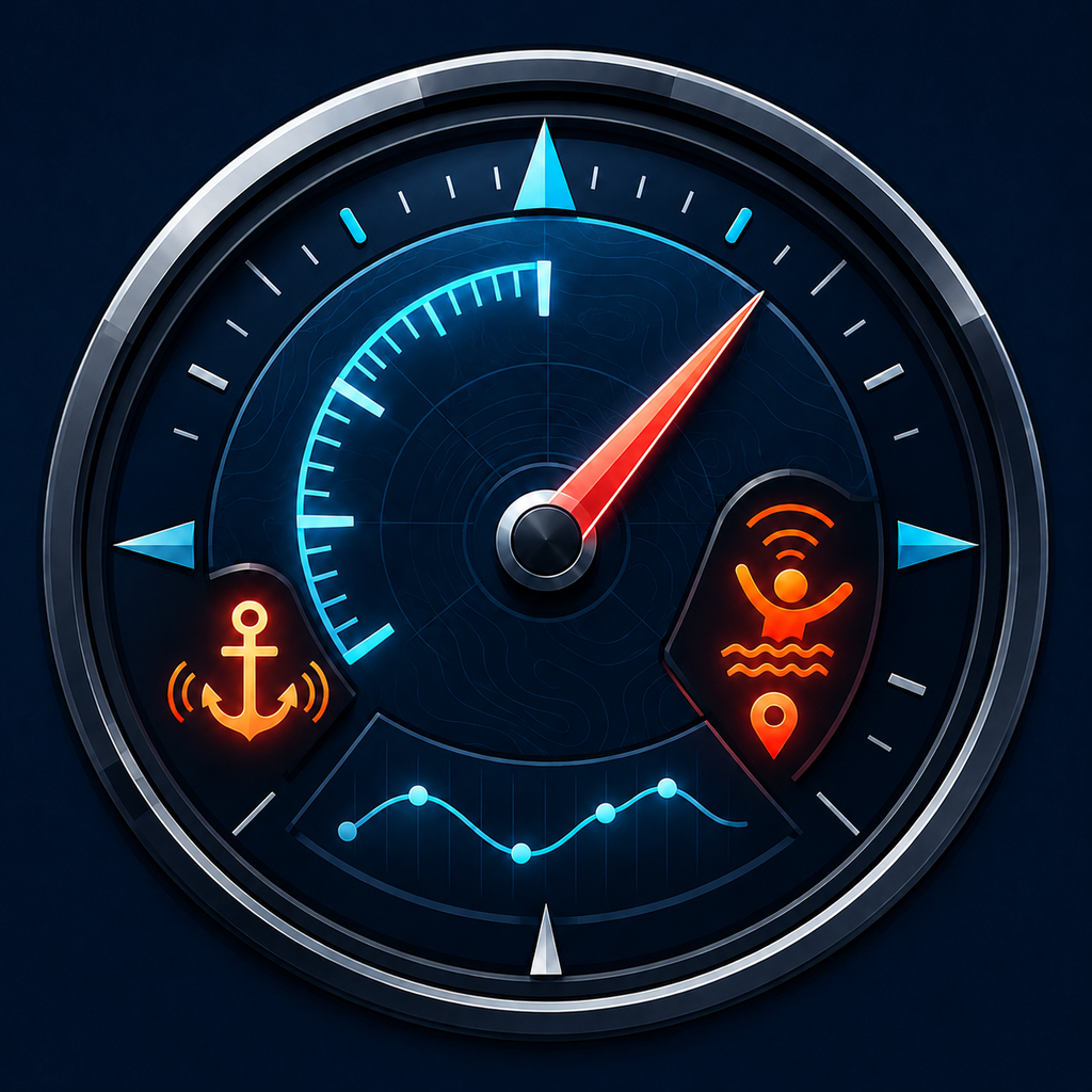 Helm Aware app icon with a marine instrument dial, speed arc, course needle, anchor alarm, Man Overboard symbol and history graph