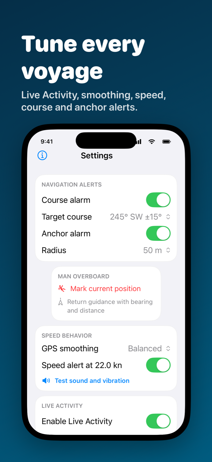Helm Aware settings showing display controls, Live Activity and safety alarms