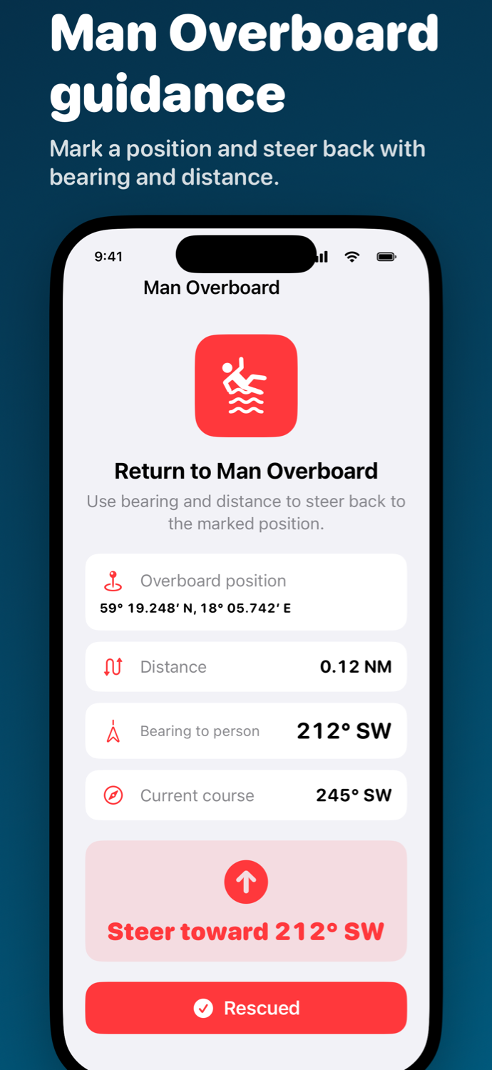 Helm Aware Man Overboard guidance showing position, distance, bearing and current course