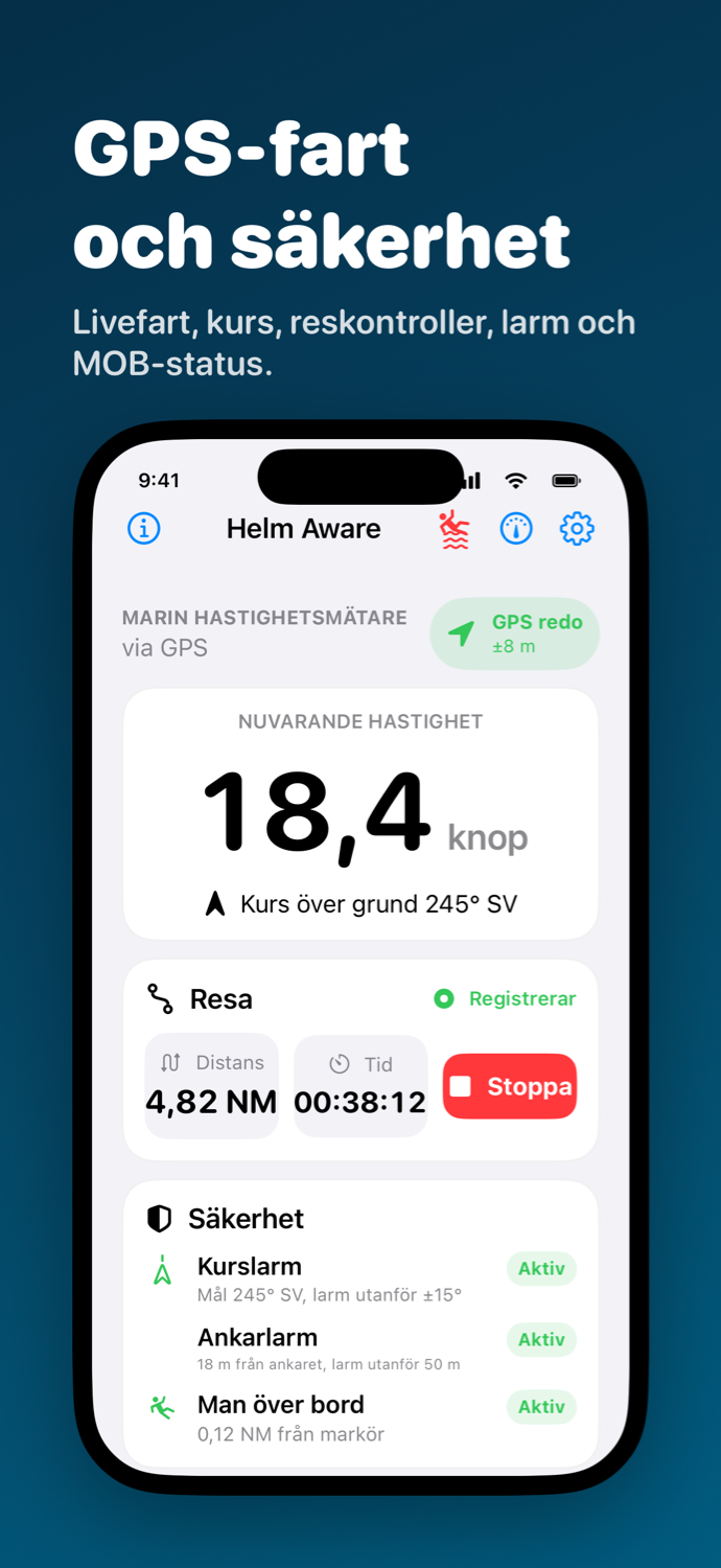 Helm Awares huvudskärm med GPS-fart, resa samt aktivt kurslarm, ankarlarm och Man över bord-status