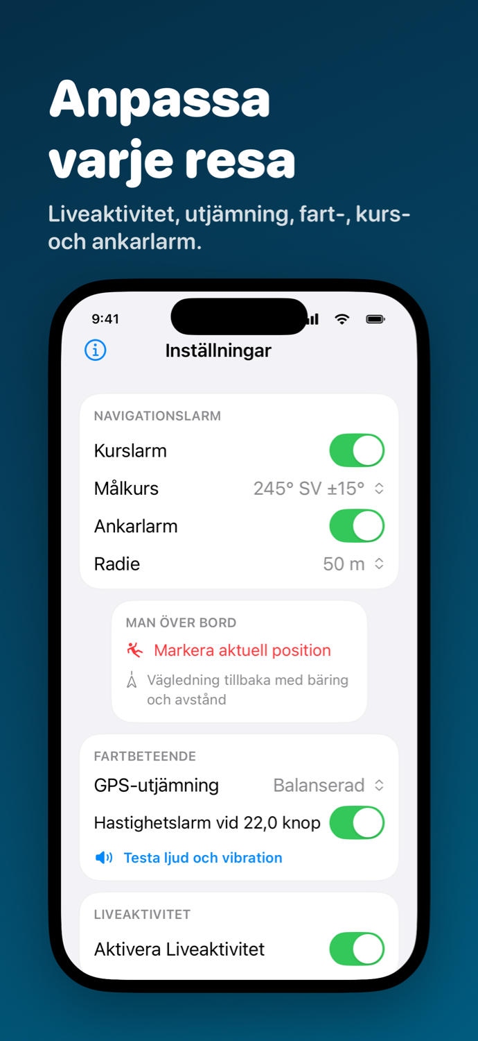 Helm Awares inställningar med visningsval, Live Activity och säkerhetslarm