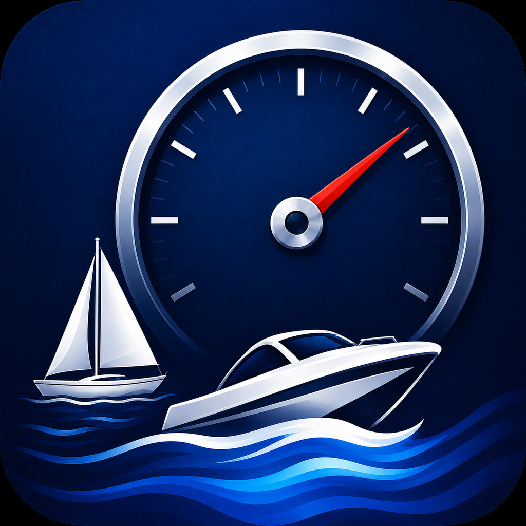 SeaVelocity app icon with a speedometer, motorboat and sailboat